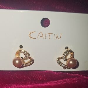Katin Gold Tone Heart‎ Earrings with Pink Pearls New